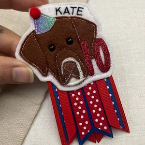 May include: A felt dog-themed birthday badge with the name "KATE" and the number "10". The dog has brown fur and is wearing a party hat. Red, white, and blue ribbons are attached to the bottom.