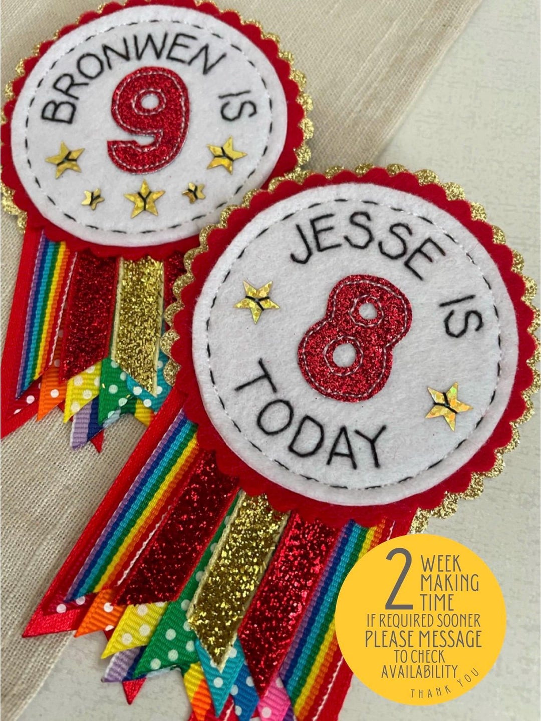 Red Rainbow Sparkle Personalised Birthday Badge Rosette,birthday Badge ...