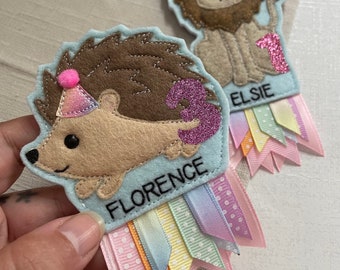 Hedgehog birthday badge, personalised hedgehog birthday badge, birthday badge, hedgehog badge, hedgehog birthday