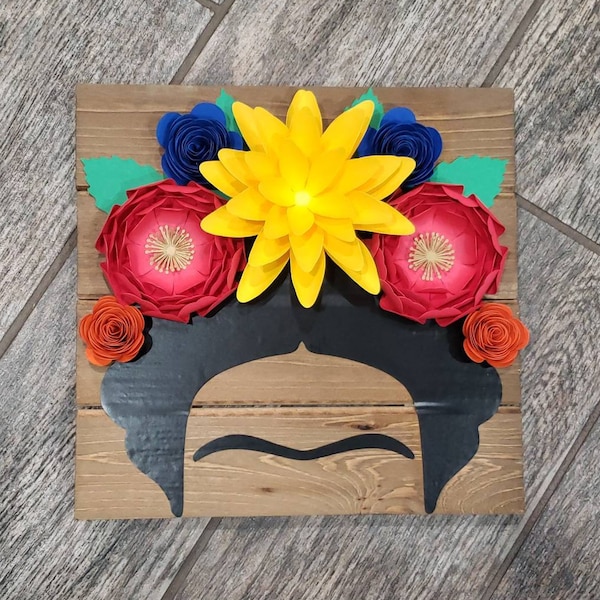 Frida Kahlo 3D Flower & Vinyl Wood Plaque Sign | Wall Art Home Decor