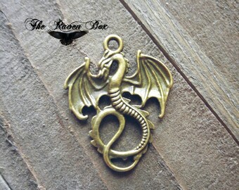 Dragon Pendant Antiqued Bronze Dragon Charm Focal Pendant Medieval Charm Fairy Tale Charm Wholesale Charms by the Piece 1.37"
