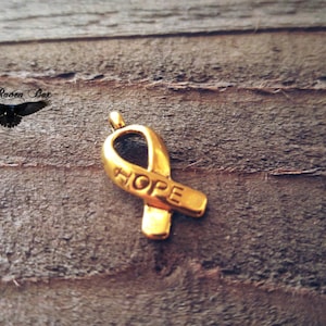 Awareness Ribbon Charm Antiqued Gold Charm Hope Ribbon Charm Cancer Awareness Charm Word Charm Gold Ribbon Charm Ribbon Pendant 18mm .7&quot;