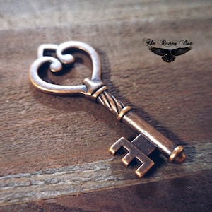 Copper Key Pendant Skeleton Key Heart Skeleton Key Antiqued Copper Key Charm Double Sided 47mm Wedding Key Charms by the Piece