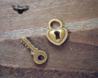 Lock and Key Charms Set Antiqued Bronze Keyhole Charms Steampunk Charms Set of 2 pieces Heart Lock Charm Wholesale Charms
