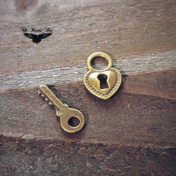 Lock and Key Charms Set Antiqued Bronze Keyhole Charms Steampunk Charms Set of 2 pieces Heart Lock Charm Wholesale Charms