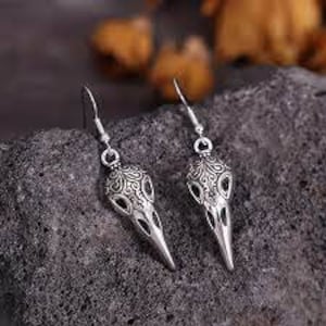 Bird Skull Earrings-Raven Earrings-Raven Jewelry-Gothic Skull Earrings-Skull Dangle Earrings-Antiqued Silver