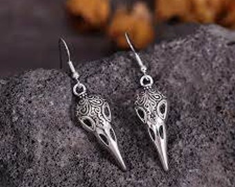 Bird Skull Earrings-Raven Earrings-Raven Jewelry-Gothic Skull Earrings-Skull Dangle Earrings-Antiqued Silver