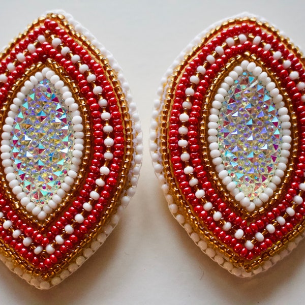 Beaded Earrings - medium-sized rose, copper and white w/ leather backing