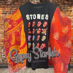Rolling Stones - Upcycled Boho Band Kantha Poncho Tee –  Handmade, One-of-a-Kind Custom Tees Refashioned