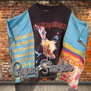 Iron Maiden- Upcycled Boho Band Kantha Poncho Tee –  Handmade, One-of-a-Kind Custom Tees Refashioned