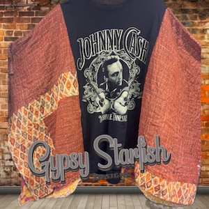 Johnny Cash - Upcycled Boho Band Kantha Poncho Tee –  Handmade, One-of-a-Kind Custom Tees Refashioned