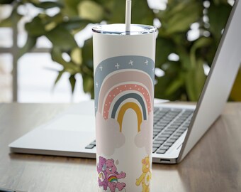 Care Bears and Rainbow Skinny Steel Tumbler with Straw, 20oz