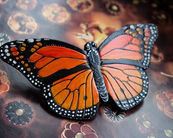 Monarch Butterfly Leather Barrette, Elegant Large Hair Clip, Butterfly Lover Gift Long Hair Clasp Women's Barrette Ukrainian Gift