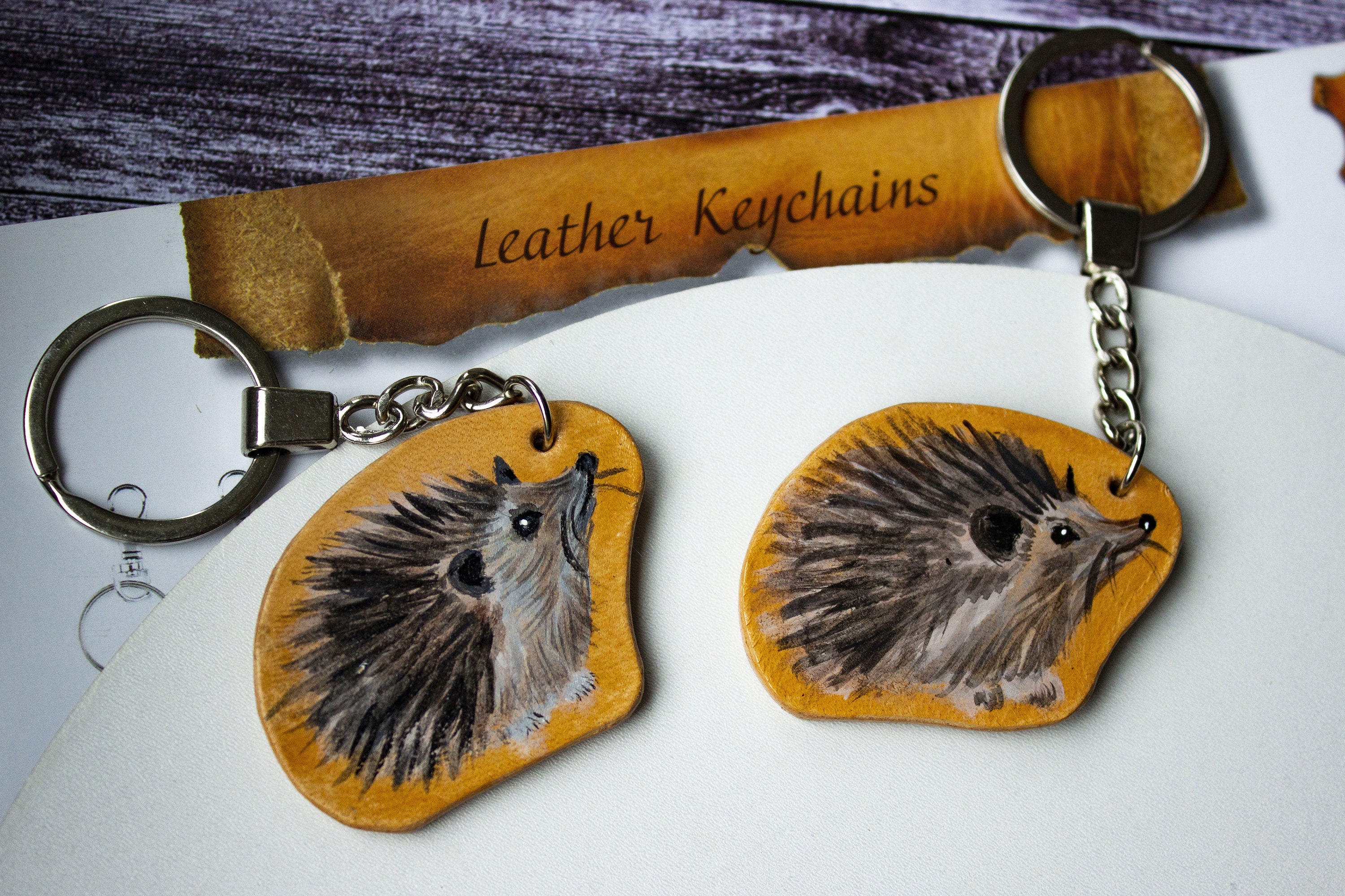 Hedgehog Keychain Charm Leather Animal Key Ring Hand Painted Etsy