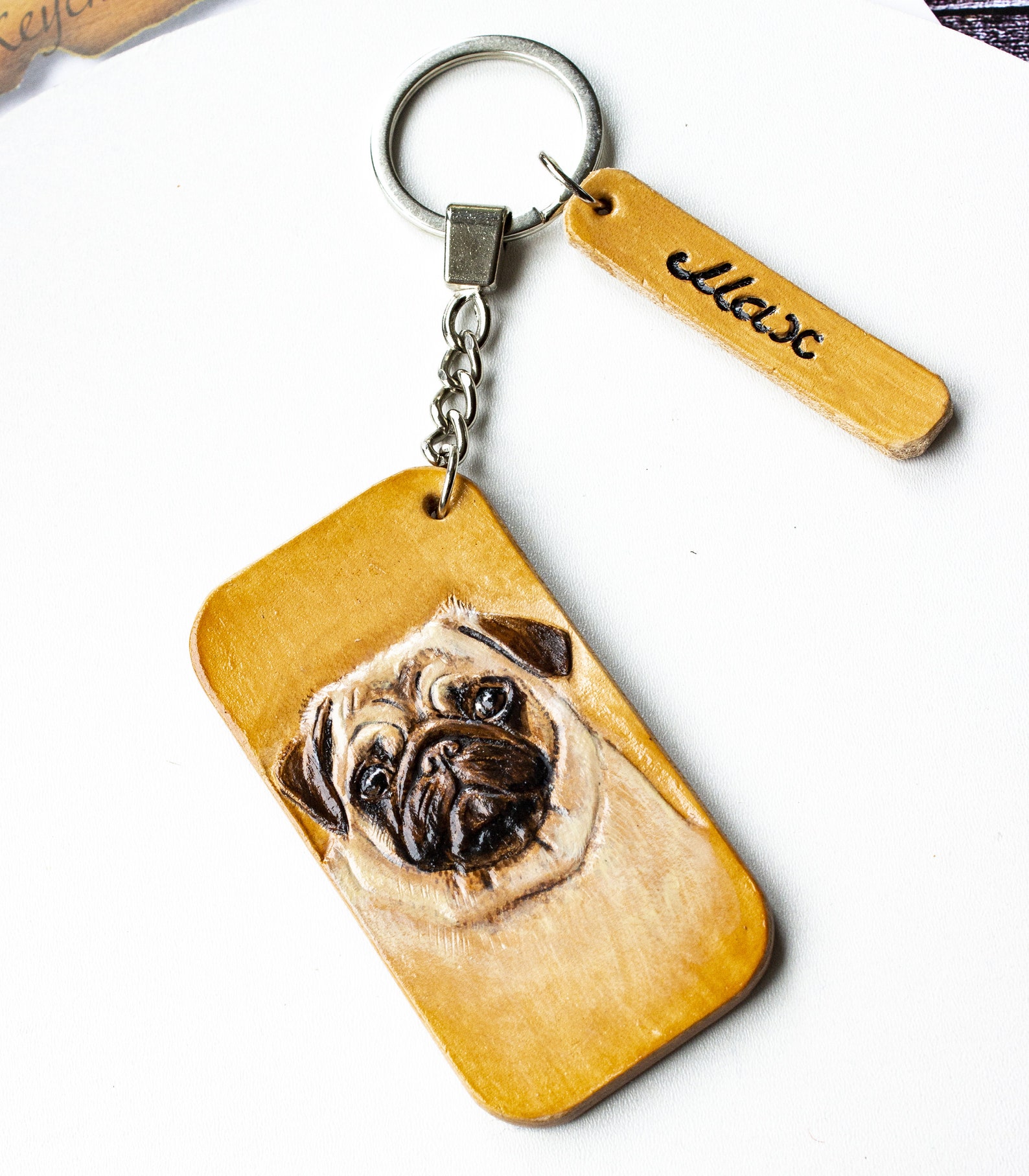 Pug Dog Keyring Pets Portrait Keychain Leather Dog Keyring Etsy