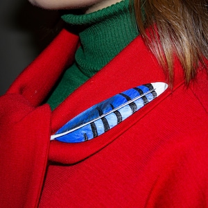 Peut inclure: Une épingle en forme de plume bleue et blanche est fixée sur une veste rouge. La plume présente des rayures noires et se détache sur un col roulé vert. L'épingle ajoute une touche de couleur à la tenue.
