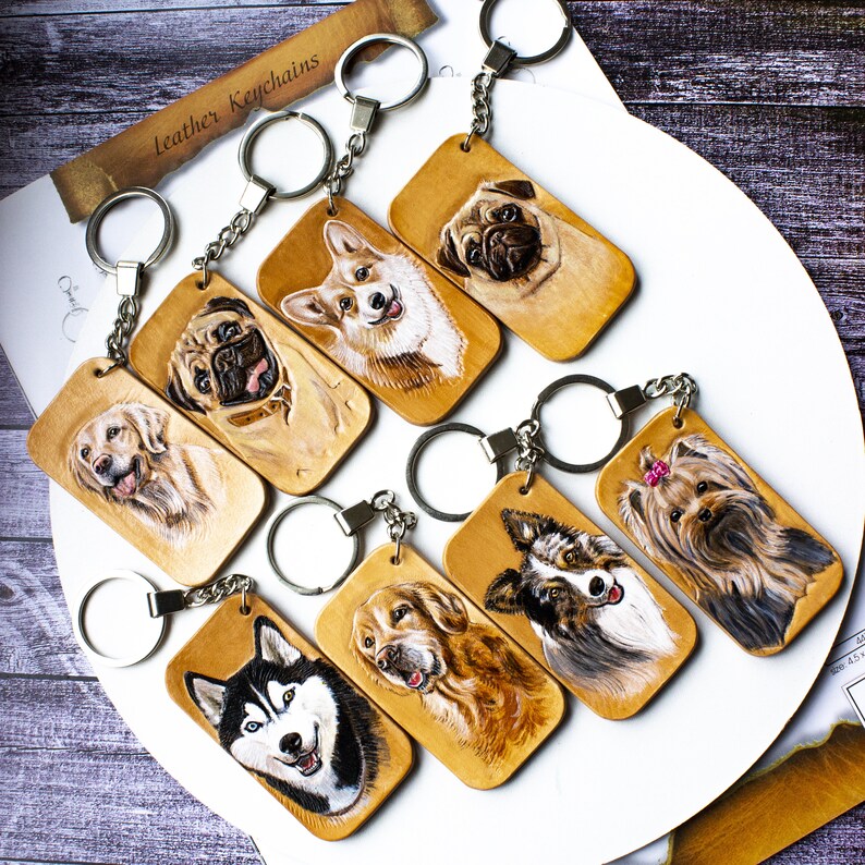 Pets Portrait Keychain Leather Dog Keyring Handtooled & Etsy