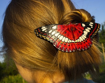 Red Butterfly Leather Barrette Thick Hair, Butterfly Lover Gift Tropical Wedding Hair Clip, Women's Long Hair Clasp, Ukrainian Gift Mom