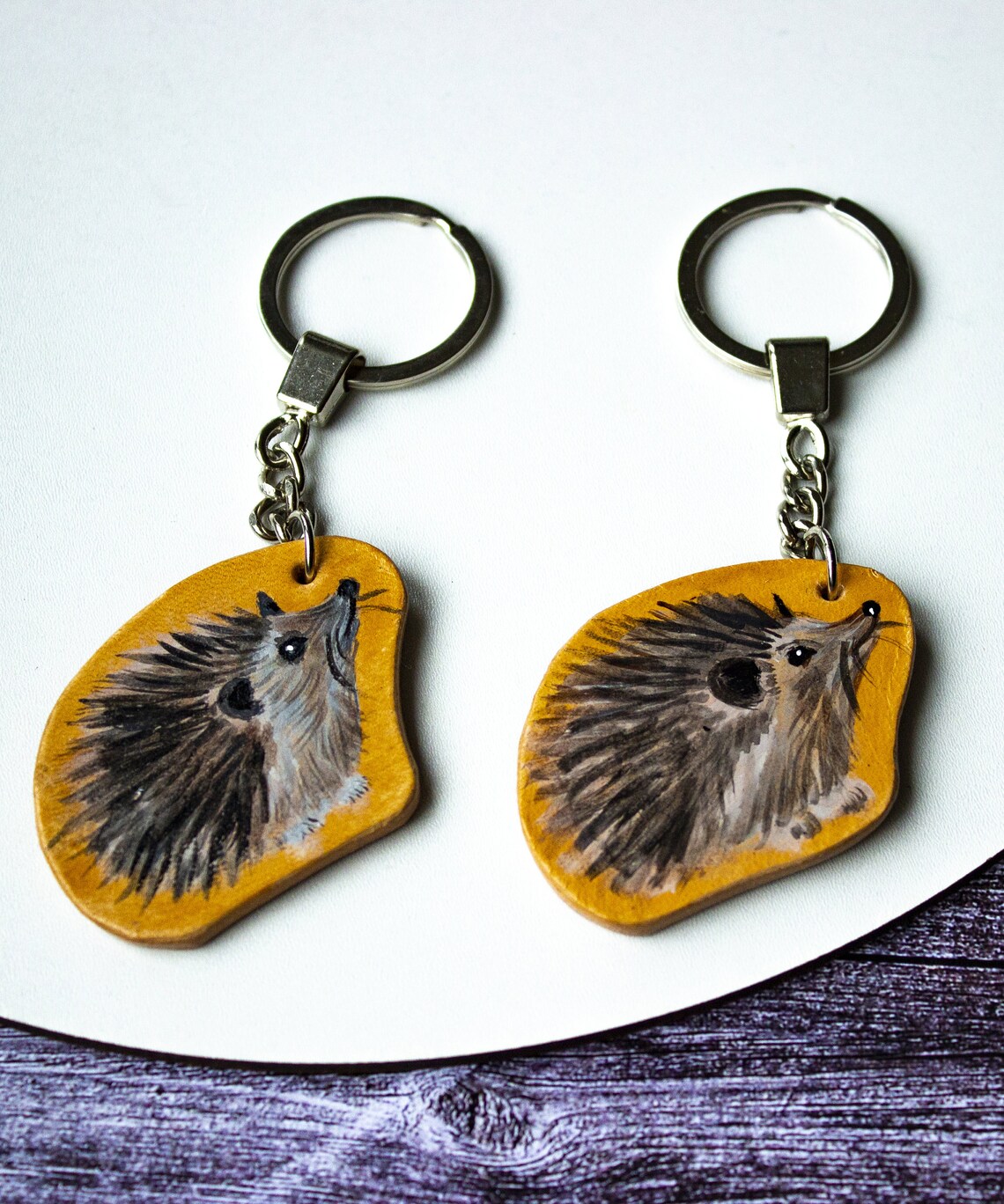Hedgehog Keychain Charm Leather Animal Key Ring Hand Painted Etsy