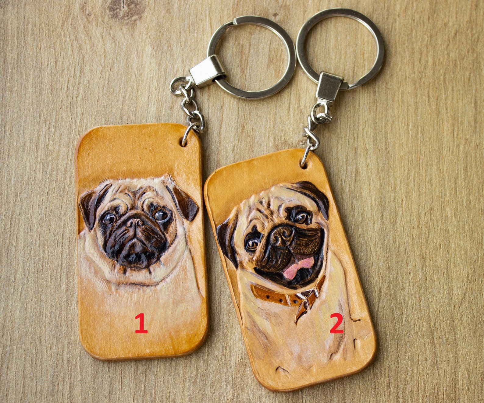 Pug Dog Keyring Pets Portrait Keychain Leather Dog Keyring Etsy