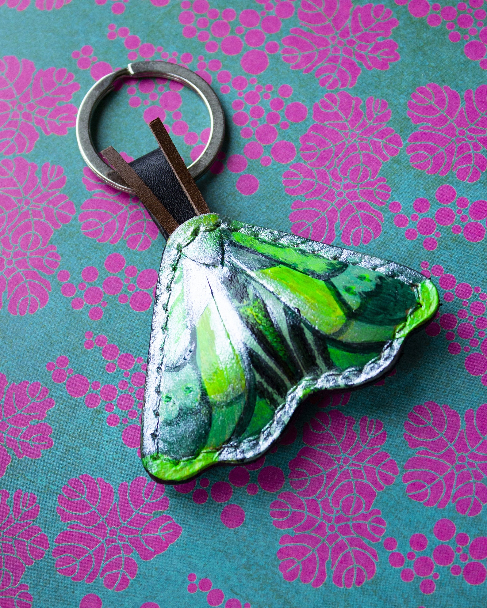 Green Moth Keychain Butterfly Leather Key Ring Leather Etsy