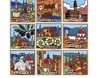 Hand-painted and enameled ceramic magnet: Florence and Tuscany
