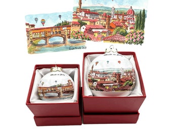 Porcelain CHRISTMAS BALL decorations: Florence watercolor 60 mm and 80 mm - Florence watercolor Old Bridge and Landscape 2.36" and 3.14"