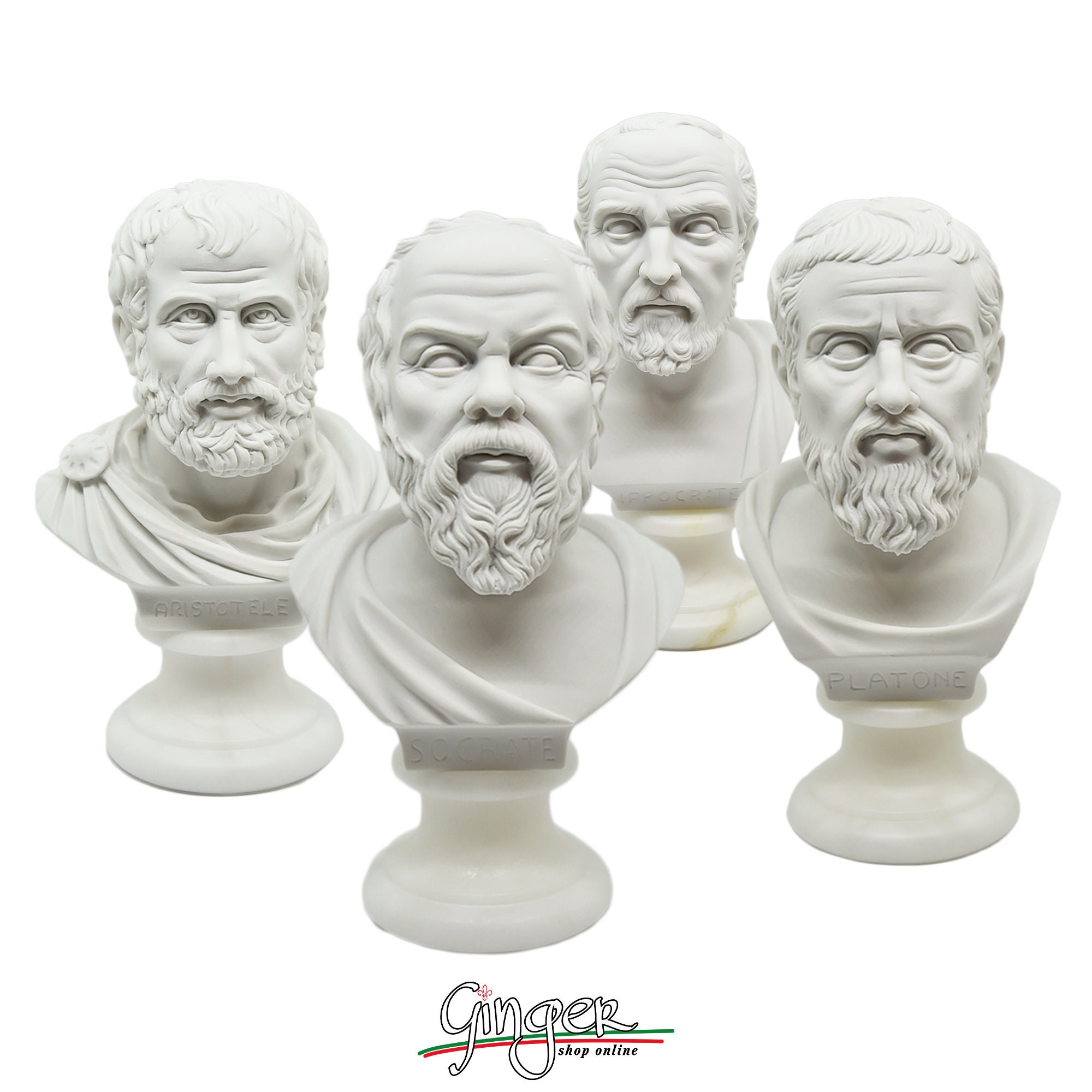 Ancient Greece - Bust of philosophers with alabaster base - Aristotle, Plato, Socrates and Hippocrates