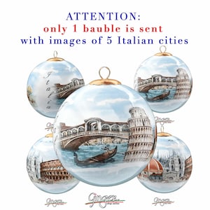 May include: A round Christmas bauble featuring hand-painted illustrations of Italian landmarks including the Rialto Bridge, the Leaning Tower of Pisa, the Colosseum, and the Florence Cathedral, with a gold-colored metal cap and hanging loop.