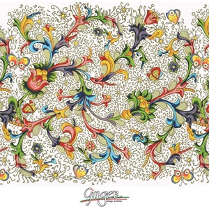 May include: A colorful floral pattern with intricate details in shades of red, yellow, blue, green, and white. The pattern is reminiscent of traditional Italian Renaissance art.
