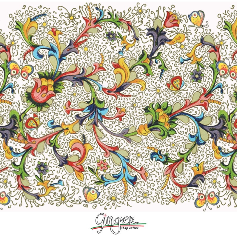 May include: A colorful floral pattern with intricate details in shades of red, yellow, blue, green, and white. The pattern is reminiscent of traditional Italian Renaissance art.