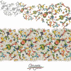 May include: A colorful floral border design with intricate details and a white background. The design features a repeating pattern of stylized flowers, leaves, and vines. The colors are vibrant and include red, yellow, green, blue, and purple.