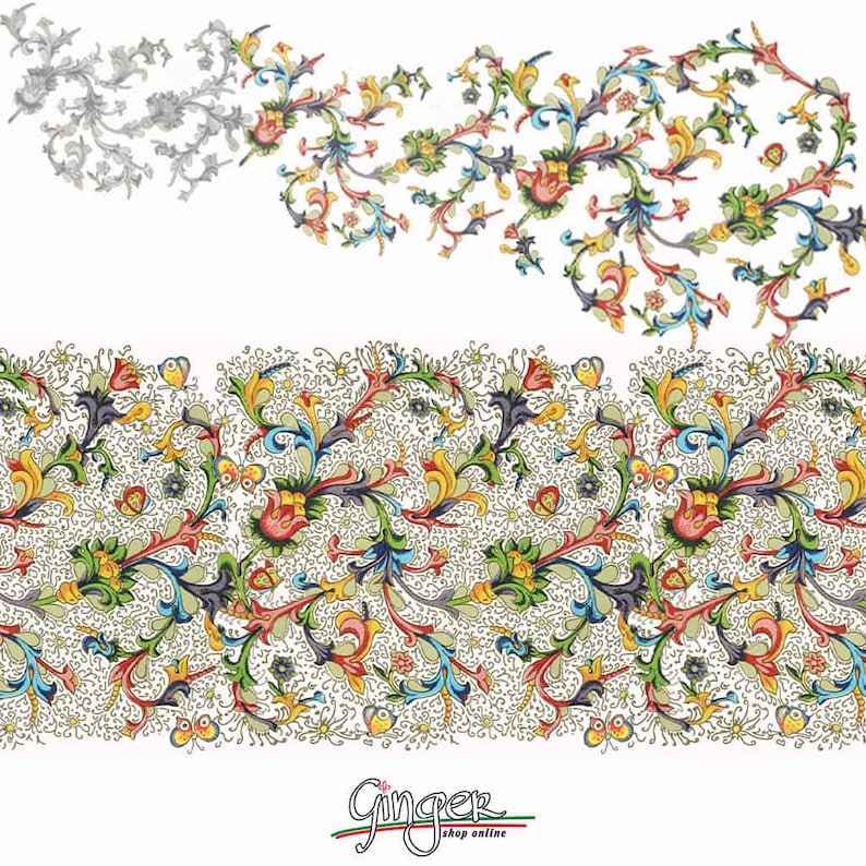 May include: A colorful floral border design with intricate details and a white background. The design features a repeating pattern of stylized flowers, leaves, and vines. The colors are vibrant and include red, yellow, green, blue, and purple.