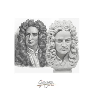 May include: A black and white engraving of Isaac Newton next to a white marble bust of Isaac Newton. The bust is inscribed with "Newton".
