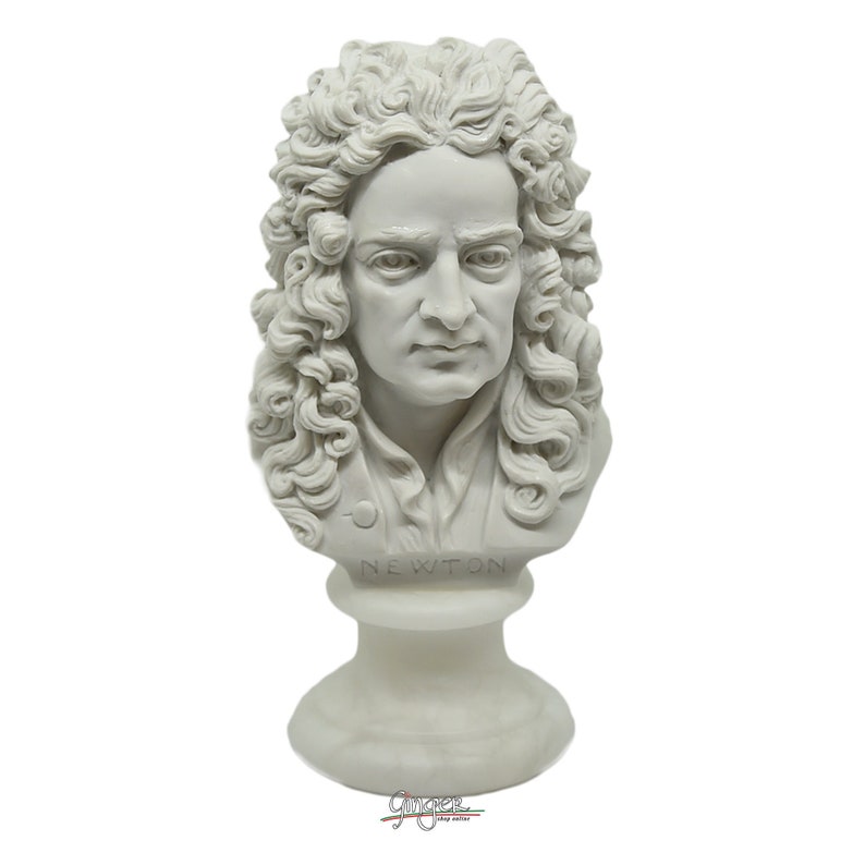 May include: White marble bust sculpture of Isaac Newton with a detailed face and curly hair. The bust is on a white marble base with the word "NEWTON" inscribed on the front.