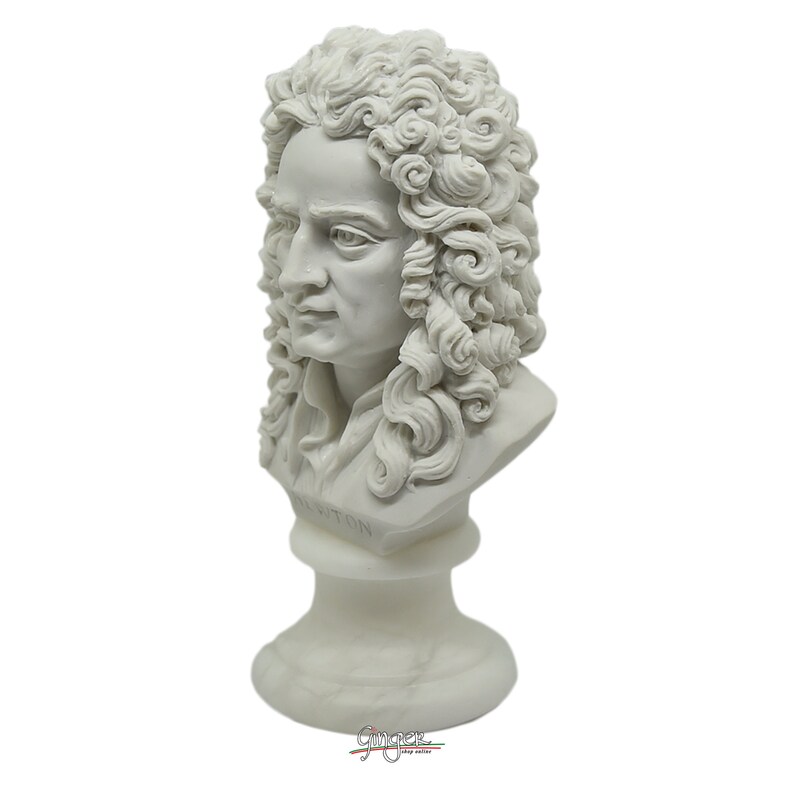 May include: White marble bust sculpture of Isaac Newton with a detailed depiction of his hair and clothing. The bust is on a white marble base.