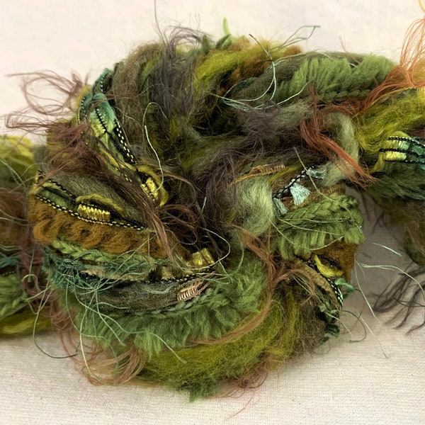 Mossy Grove • 2yd x 12 novelty yarn fiber samples bundle • Dreamcatcher, Weaving, Junk Journal, Embellishments, Trim, Textile Art, Couching