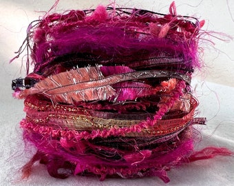 Dragonfruit • 2yd x 12 novelty art yarn fiber samples bundle • Dreamcatcher, Junk Journal, Slow Stitching Boho Beads, Tassels, Ribbon, Scrap