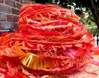 Firecracker • 2yd x 13 novelty art yarn fiber samples bundle • Crafts, Dreamcatcher, Junk Journal, Slow Stitching, Couching, Tassels, Orange