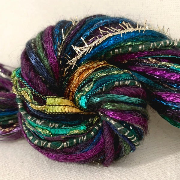 Peacock Magic • 26 yard (2yd x 13) bundle novelty yarn/fiber samples • Weaving, Craft, Junk Journal, Embellishments, Textile Art, Trim Scrap