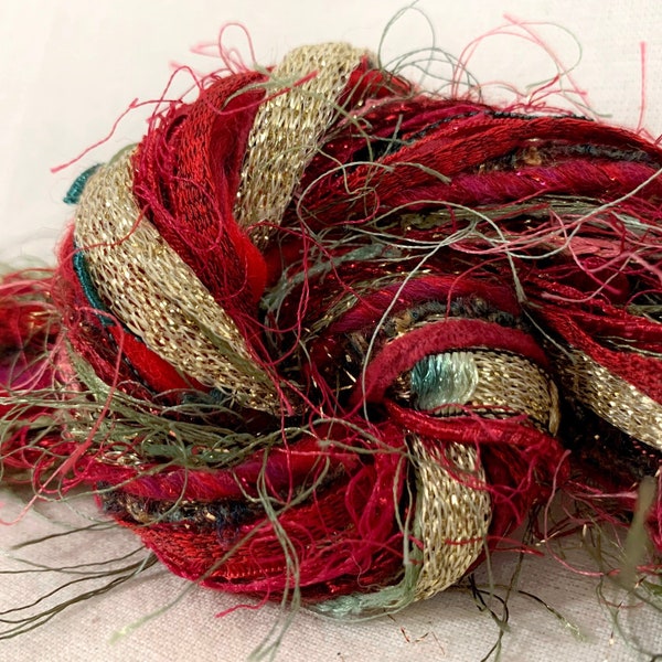 Poinsettia • 2yd x 13 novelty yarn fiber samples bundle • Textile Art, Crafts, Weaving, Dreamcatcher, Junk Journal, Slow Stitching, Couching