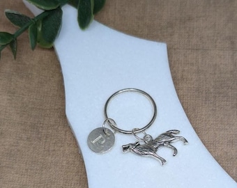 Wolf Charm Keyring, Personalized Initial, Tibetan Silver