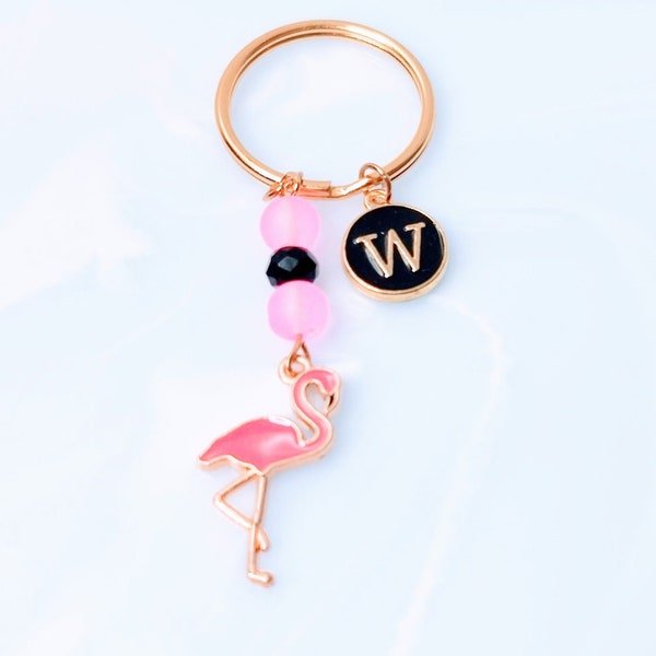 pink flamingo keyring, gold and pink flamingo keyring, oil drop enamel keyring, animal lovers gift