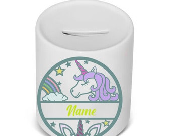 Unicorn Money Box, piggy bank, personalised coin jar, add a name to customise.