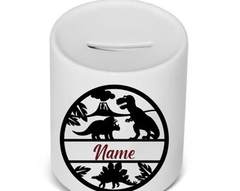 Dinosaur Money Box, piggy bank, personalised coin jar, add a name to customise.
