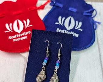 Handmade Seashell Dangle Earrings: Blue Glass Bead, Coastal Jewelry