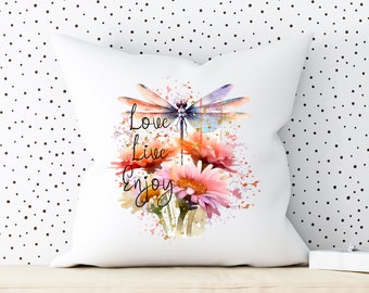 Funda de cojín Live love enjoy libélula