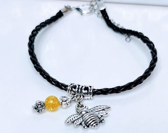 Bee charm bracelet Bee leather Bracelet Bee women charm Bracelet, Bee animal lovers gift bee jewelry leather bracelet insect jewelry