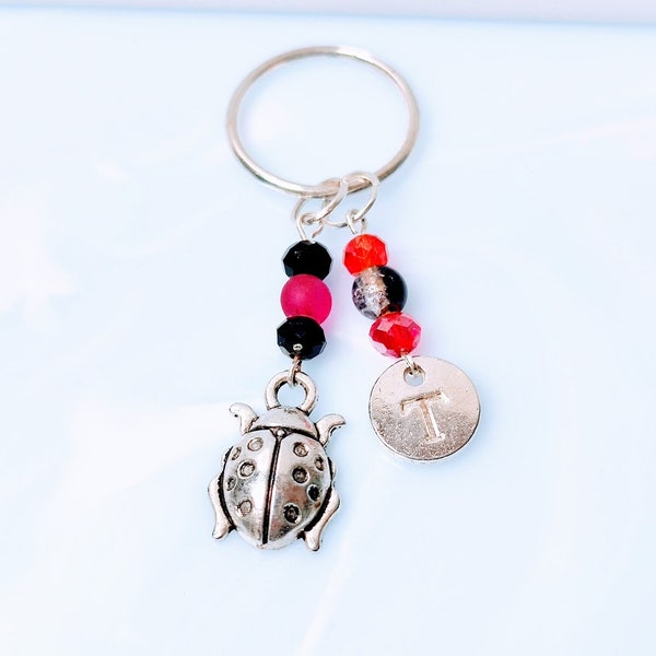 Cute ladybird keyring, ladybug keychain, ladybird insect gift, animal lover gift, black and red keyring, personalised initial keychain