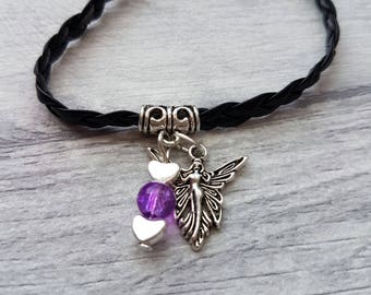 Silber Engel Bettel Armband, Schwarzes Leder, Krakelierte Glasperle